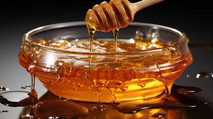 Honey being poured into a bowl, sweet and golden - obrazy, fototapety, plakaty