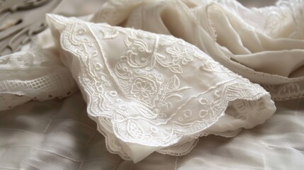 A dainty lace handkerchief, delicately embroidered with intricate patterns, exuding an aura of refined elegance and timeless charm.