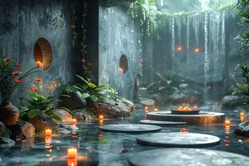 A zen garden with stepping stones, cascading water, and glowing candles promoting a meditative state.