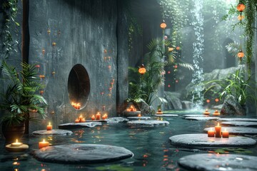A zen garden with stepping stones, cascading water, and glowing candles promoting a meditative state.
