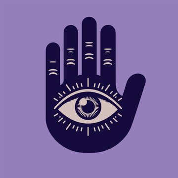 recommend clip art: Hand palm of psychic with all seeing eye, mystic and occult palmistry, esoteric and fortune telling by hand. Purple vector illustration. Logo, emblem, sign