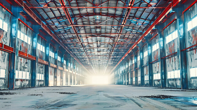 Spacious Industrial Warehouse: Modern Architecture with Large Metal Structures and Bright Indoor Lighting