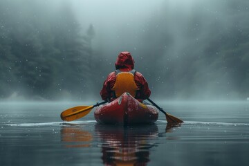 A solitary traveler in a red kayak paddles through a tranquil, misty waterway. - obrazy, fototapety, plakaty