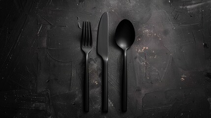 Elevate your dining experience with a set of sleek cutlery - fork, knife, and spoon, ready for any culinary occasion - obrazy, fototapety, plakaty