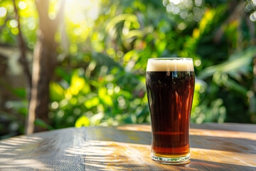 Dark beer in a glass on a wooden table against a background of tropical trees - obrazy, fototapety, plakaty