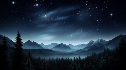 Fototapeta na wymiar Mystical night sky background with stars over silhouetted pine trees and mountains