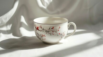Obraz na płótnie Canvas A delicate porcelain teacup, adorned with hand-painted floral patterns, casting a subtle shadow against a pristine white backdrop.