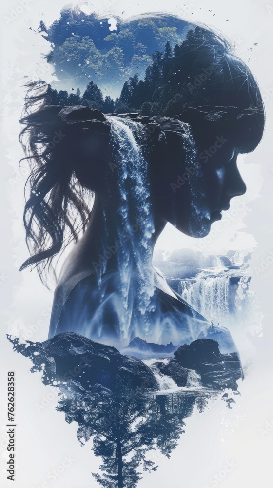 Poster a close-up view of a womans face in front of a majestic waterfall. the womans features are prominent