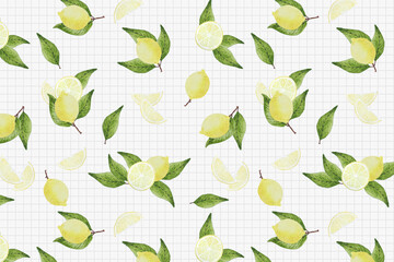 Fondo patrón de limones pintados a mano con acuarelas sobre fondo a cuadros chicos blanco y gris