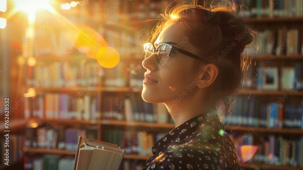 Poster a woman is absorbed in reading a book while sitting in a library. surrounding her are shelves filled