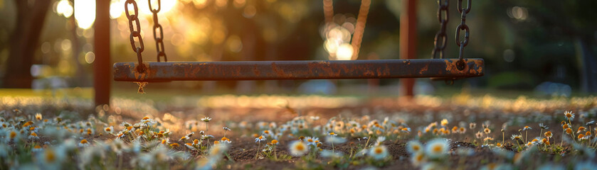 Deserted Playground, rusted swings, wildflowers reclaiming the garden - obrazy, fototapety, plakaty