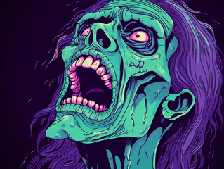 a scary drawing of a wailing dead woman, in the style of purple and emerald сreated with Generative Ai - obrazy, fototapety, plakaty