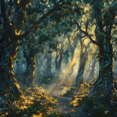 Forest, ancient trees, guardians of nature, standing tall in a mystical realm, surrounded by a gentle mist, captured in a realistic painting - obrazy, fototapety, plakaty