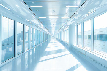 Sleek modern corridor with bright lights, emphasizing clean architectural lines in an office or hospital
