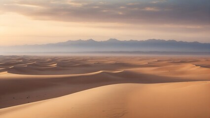 Fototapeta na wymiar Vast desert landscape, undulating dunes stretching to the horizon, soft evening light, outdoor nature photo
