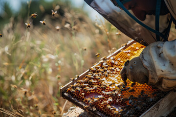 Beekeeper Inspecting Honeycomb