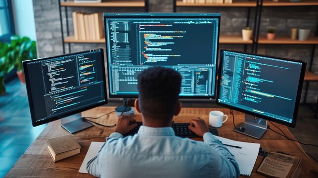 A focused software developer codes on a dual monitor setup in a modern office environment with a minimalist aesthetic. AIG41