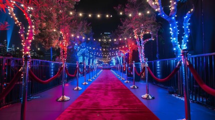 A glamorous Hollywood red carpet event with flashing cameras, velvet ropes, and a backdrop of dazzling city lights, capturing the glitz and glamour  - obrazy, fototapety, plakaty