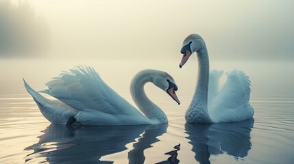 itness the serene beauty of a graceful couple of white swans gliding majestically across tranquil waters, embodying elegance and love
