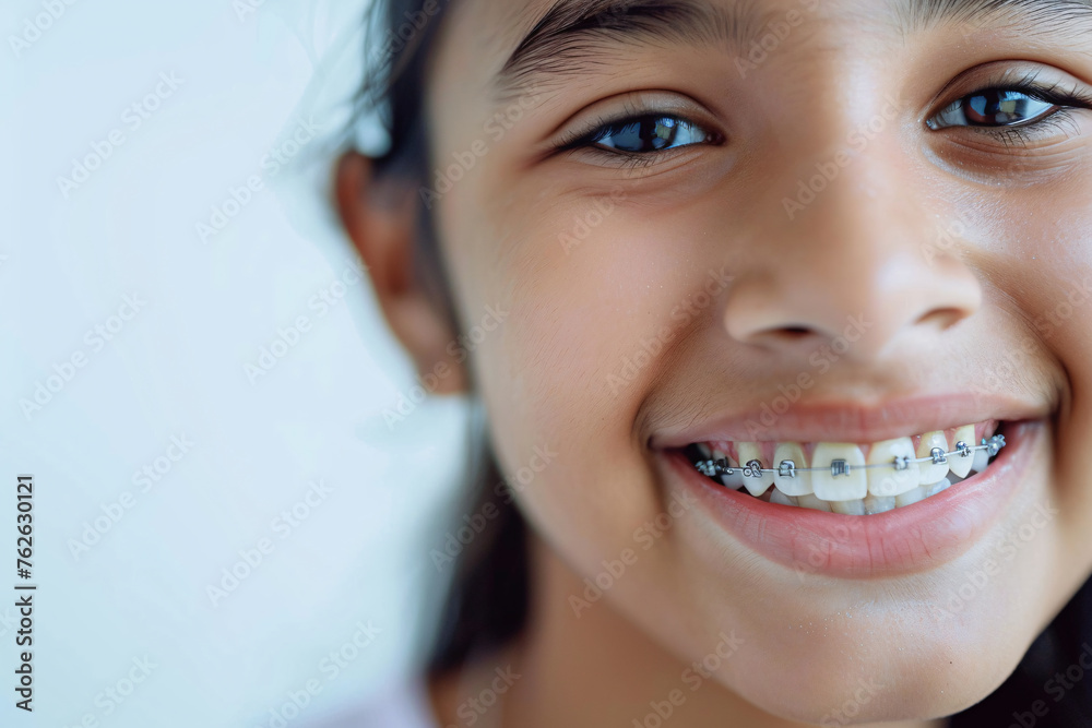 Wall mural smiling teenage indian girl with braces, close up portrait of indian teen, orthodontic treatment, blurred background