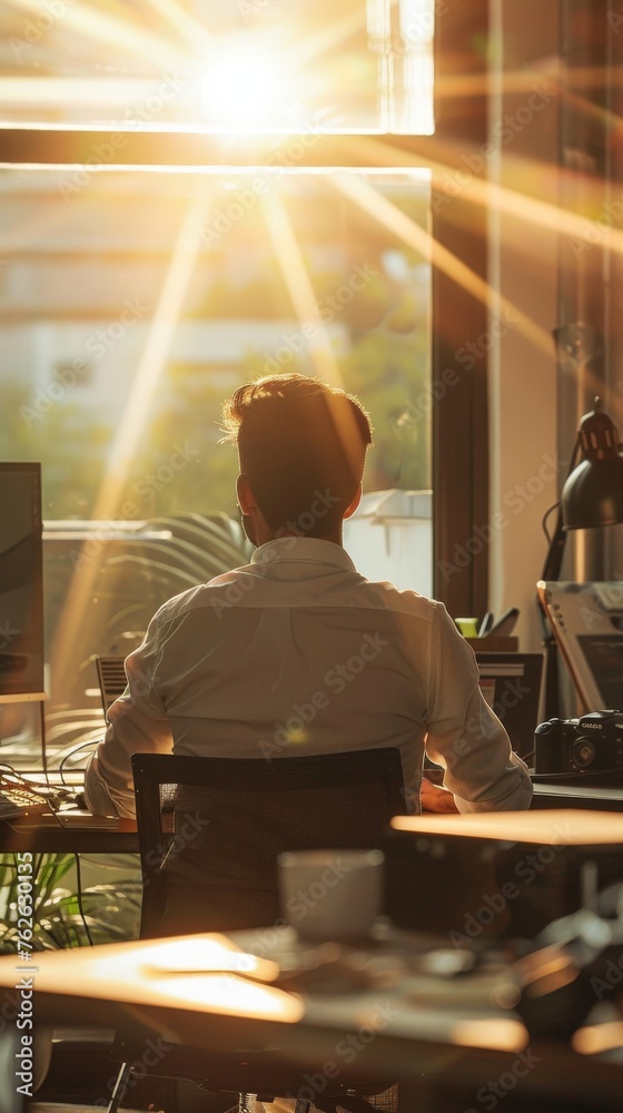Poster a man is sitting at a desk with a computer monitor in front of him. the room is well lit by the sun,