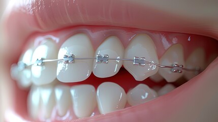 Close-up of a beaming smile with braces, illustrating the journey to a straighter, healthier smile - obrazy, fototapety, plakaty