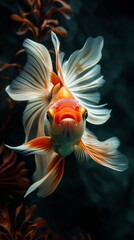 Majestic Goldfish Gliding Amongst Red Aquatic Plants in a Dimly Lit Aquarium