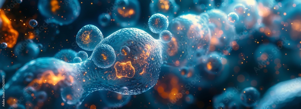 Poster A close up of a blue and orange blob of cells. The blue and orange colors are contrasting and the cells are arranged in a spiral. Concept of movement and energy, as if the cells are alive