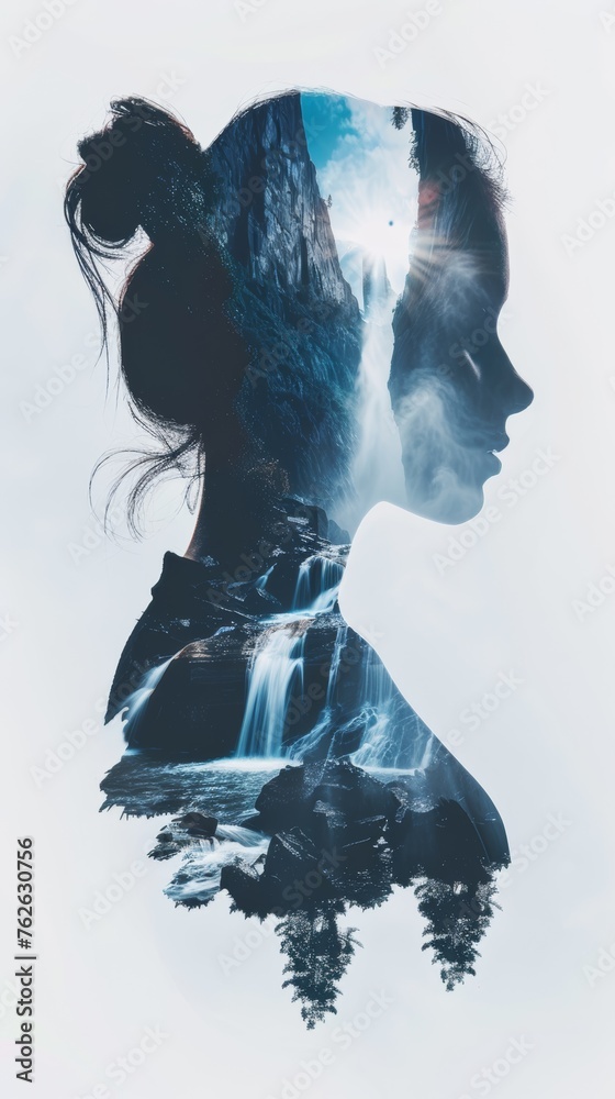 Poster a womans face is seen in the foreground, with a majestic waterfall flowing in the background. the co