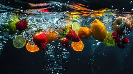Dive into the vibrant world of freshness as an array of colorful fruits splash into the water, capturing the essence of summer's vitality