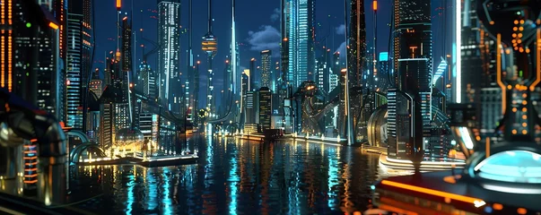 Gordijnen 3D rendering of a futuristic city at night with mega neon lights © Fajar