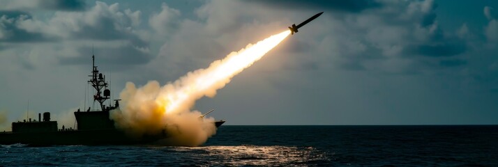 Obraz premium Missile being launched from a warboat at dusk, banner.
