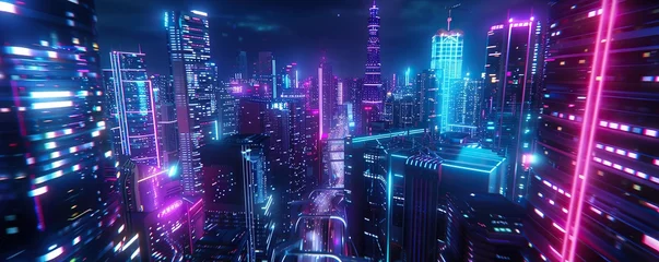 Gordijnen 3D rendering of a futuristic city at night with mega neon lights © Fajar