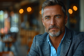 A man with a beard and gray hair is wearing a suit and standing in front of a wall. 45 years old professional man good looking, posing for the presentation picture - Powered by Adobe
