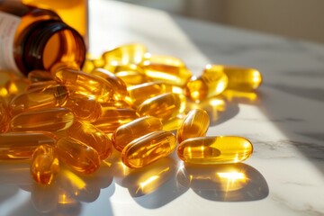 Transparent yellow pills - capsules on a table