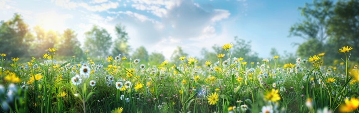 A field filled with a sea of yellow and white flowers. The bright colors of the blooms contrast beautifully against the green foliage. Bees and butterflies flutter among the blossoms, pollinating the 