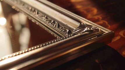 A gleaming silver picture frame, its polished surface reflecting the warmth of cherished memories captured in sepia-toned photographs. - obrazy, fototapety, plakaty