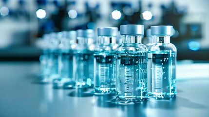 Scientific research and medicine, with laboratory glassware for injections and pharmaceutical testing