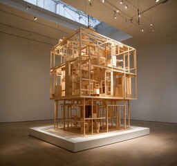The image showcases an intricate art installation placed in a gallery setting. The central piece of the installation appears to be a suspended, multi-layered architectural structure made of pale mater