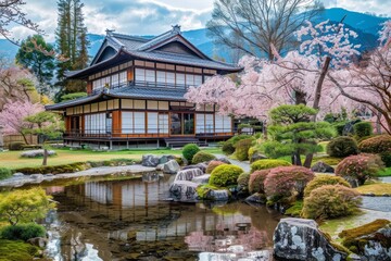 Obraz premium A traditional Japanese house stands with a pond in front of it. The house features typical Japanese architecture, while the pond adds a peaceful touch to the scene.