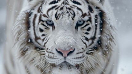 a white tiger's face in snow, blurry background
