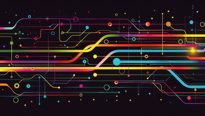 colorful glowing lines and dots on a black background, simple shapes representing subway or train tracks in the style of an electronic art Generative AI