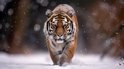  A tiger strolls through winter snow, snowflakes falling, trees in backdrop - obrazy, fototapety, plakaty