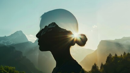 A woman's silhouette is shown against a mountain backdrop. The sun is shining on her face, creating a warm and peaceful atmosphere. Concept of serenity and beauty, as well as the power