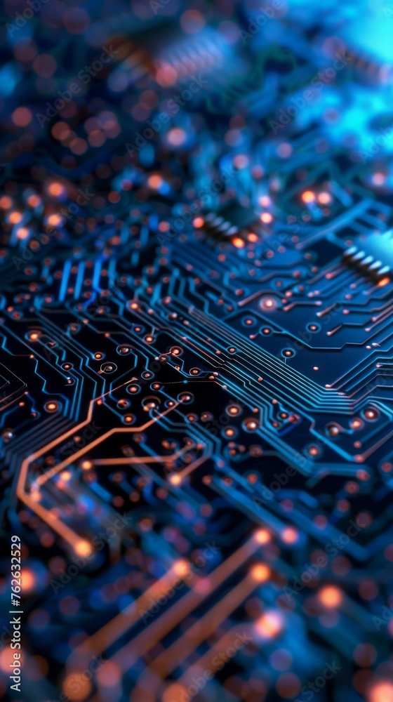 Poster this close-up shot showcases the intricate details of a computer circuit board. the metallic compone