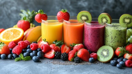 Healthy smoothies with fresh fruits and berries on table, closeup