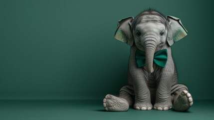  A baby elephant, wearing a green bow tie, sits on the green floor in front of a green wall with a green background