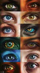 A Detailed Collage of Eight Diverse Human Eyes Capturing Unique Patterns and Colors