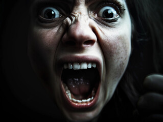 a close up of a screaming scared woman with open mouth 