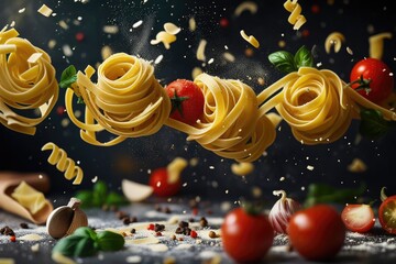 Whirling Fettuccine pasta, fusilli, penne, farfalle With Cherry Tomatoes and Fresh Basil in Mid-Air